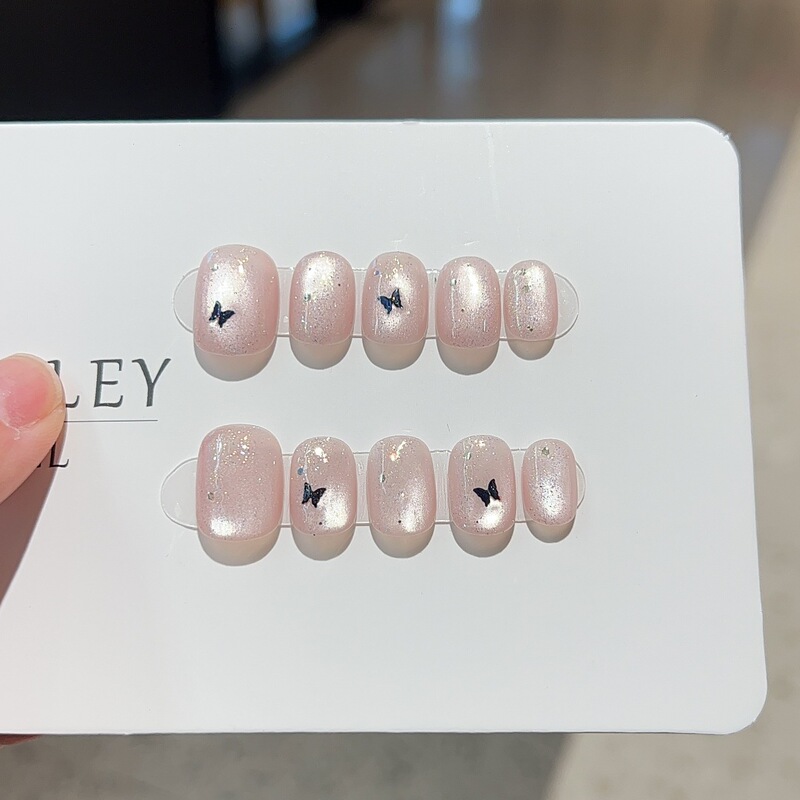 Simple and Cute Elegant, Personalized Light-Chasing Pink Cat-Eye Fairy Butterfly Pure Handmade Wearable Nails Removable Patches