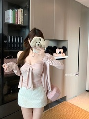 纯欲飘带带胸垫抹胸背心上衣长袖针织开衫女2025秋季新款时尚套装