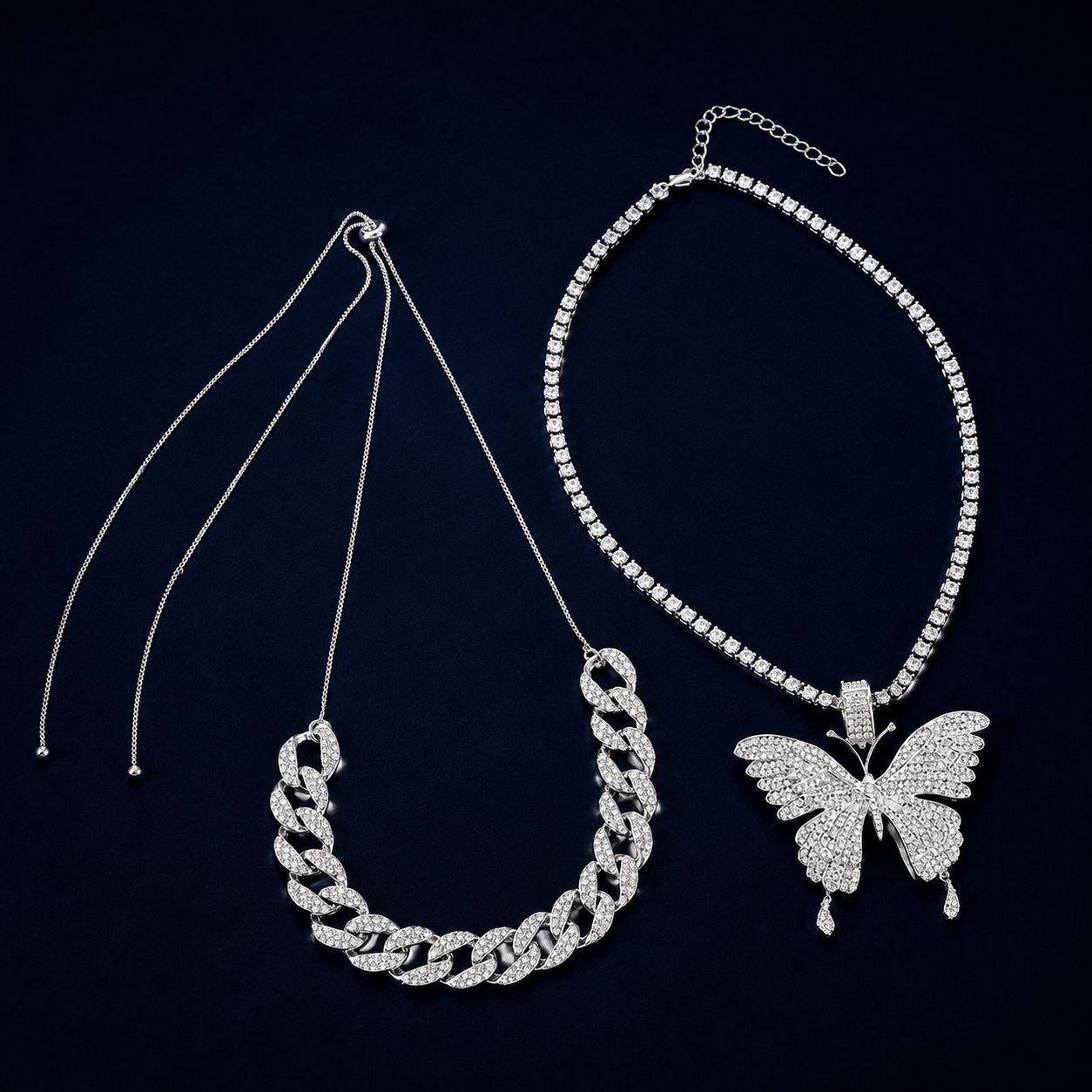 Joyería transfronteriza europea y americana elegante rhinestone cubano hebilla Collar para mujer dulce fresco apilado mariposa colgante collar
