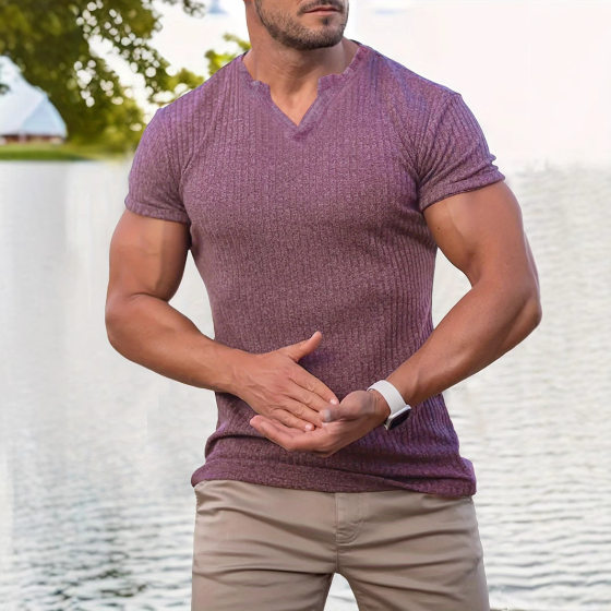 Europe and the United States cross-border foreign trade wish men's summer sports fitness leisure vertical elastic vertical V-neck short sleeve T-shirt
