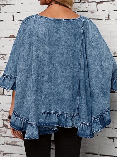 Women's Denim Jacket With Fashionable Ruff Washed Solid