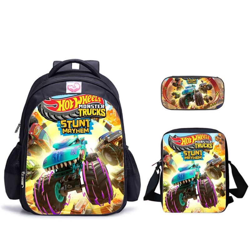 Hot Wheels series printed children's three-piece set includes a large-capacity backpack, pencil case, and crossbody bag for school