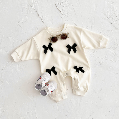 Spring and Autumn Newborn Baby Girl Butterfly Bow Round Neck Long Sleeve Bodysuit for Infants