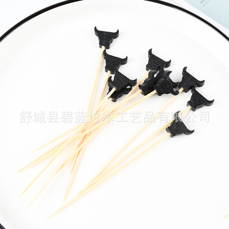 Jugador creativo de bambú negro de vaca horquilla de fruta decoración horquilla de fruta bandeja de bambú desechable suministro de fábrica de moda de etiqueta de vino