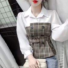 长袖衬衫女春装新款百搭衣服流行韩版假两件格子拼接收腰上衣