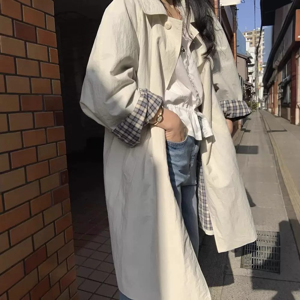 现货 韩系松弛感纯色长款风衣女2025秋季宽松休闲单排扣翻领上衣