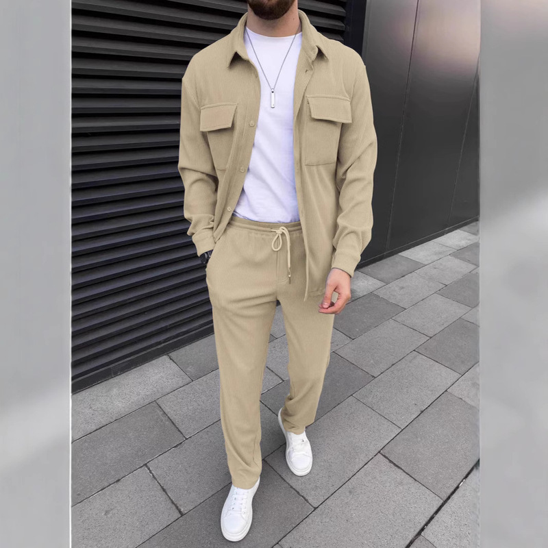 2025 cross-border spring new European and American men's corduroy long sleeve lapel shirt pants daily casual suit