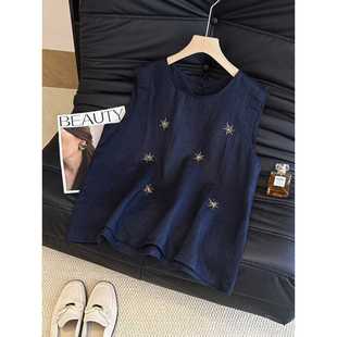 High-End Heavy-Duty Beaded Sleeveless Shirt for Women in Summer French-Style Sleeveless Linen Top Worn Outside Vest