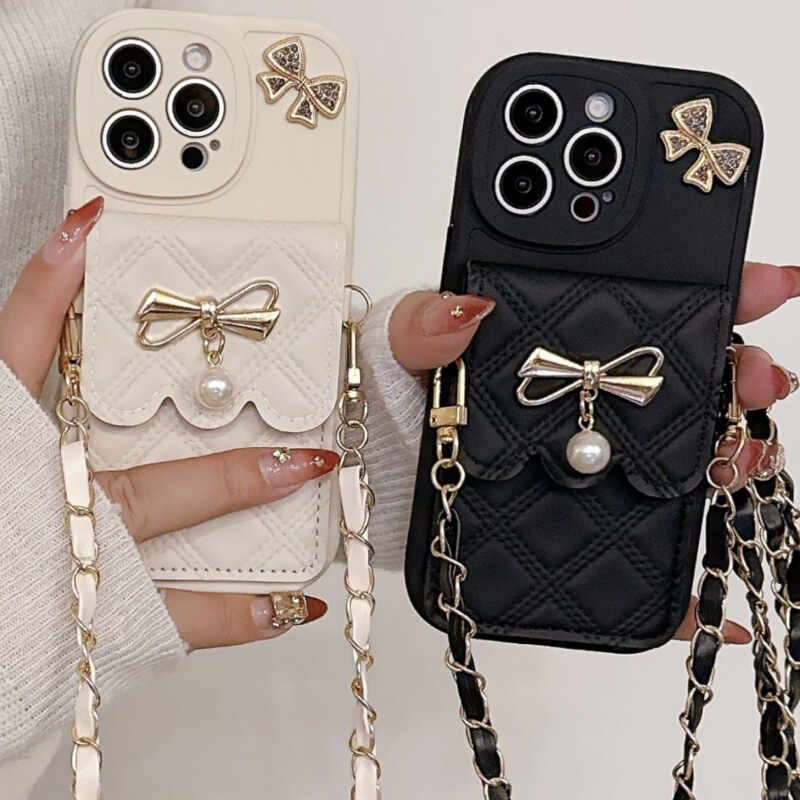 Pearl Bow Card Holder Suitable for iPhone 16 Pro Max Phone Case, Full Coverage Apple 17 Crossbody Coin Purse 14