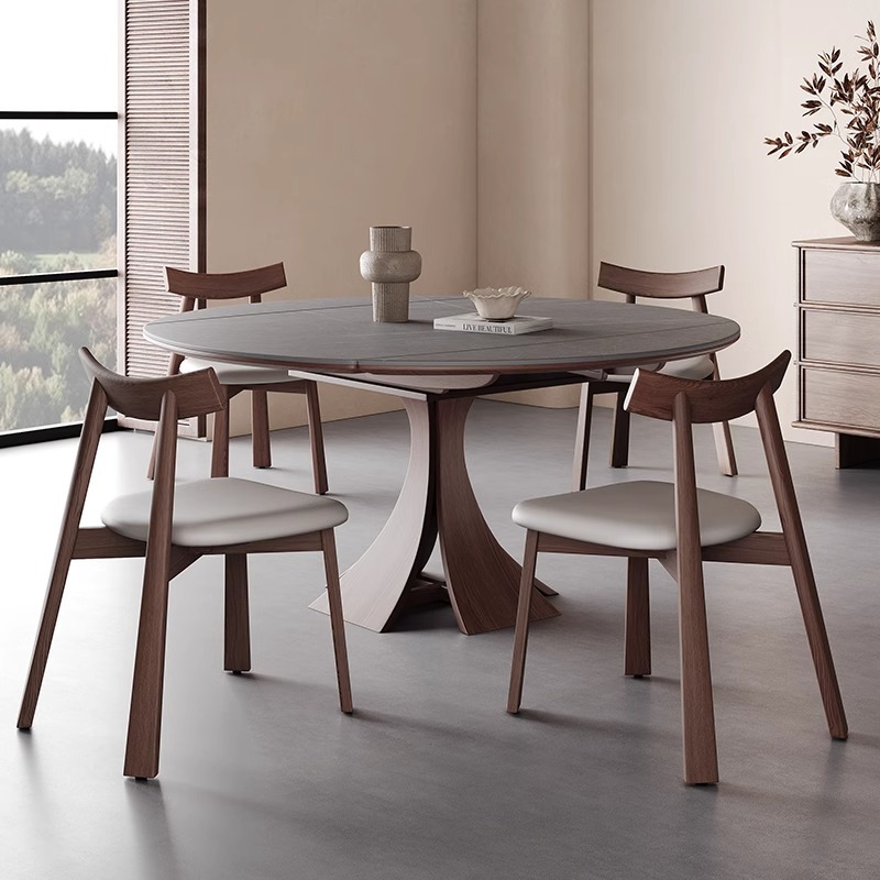 Silla de mesa de comedor plegable de madera maciza de estilo antiguo 2024 nueva celebridad de Internet familia apartamento pequeño tablero de roca retráctil mesa redonda variable