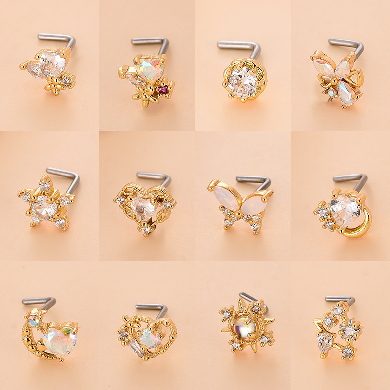 Fashion Heart Shape Butterfly Stainless Steel Copper Plating Inlay Zircon Nose Studs 1 Piece display picture 2