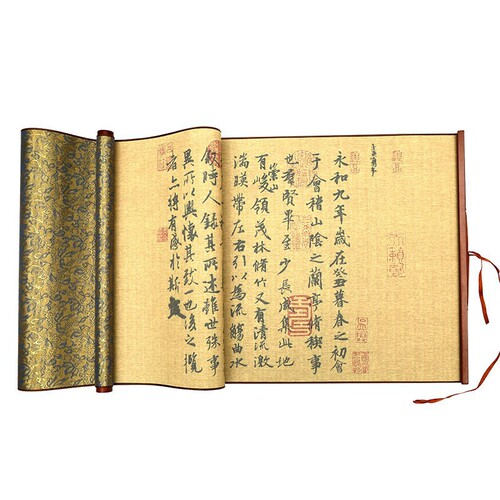 Ink-free brocade small regular script thousand-character red copybook Lanting preface imitation rice paper extended scroll water-written cloth
