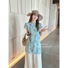新中国式盤はチャイナドレスの上着の広脚ズボン2点セットの女性ヨーロッパ品2025年夏の新型ファッションセット