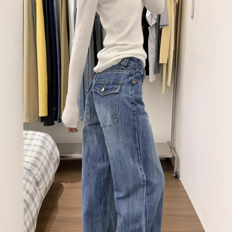 设计感复古水洗直筒牛仔裤女秋季新款小个子中低腰显瘦窄版阔腿裤|undefined