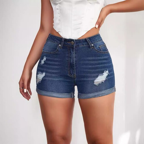 2025 Summer New Hole European and American Style Denim Shorts Direct Manufacturer Sale Cross-border Elastic Turn-up Shorts