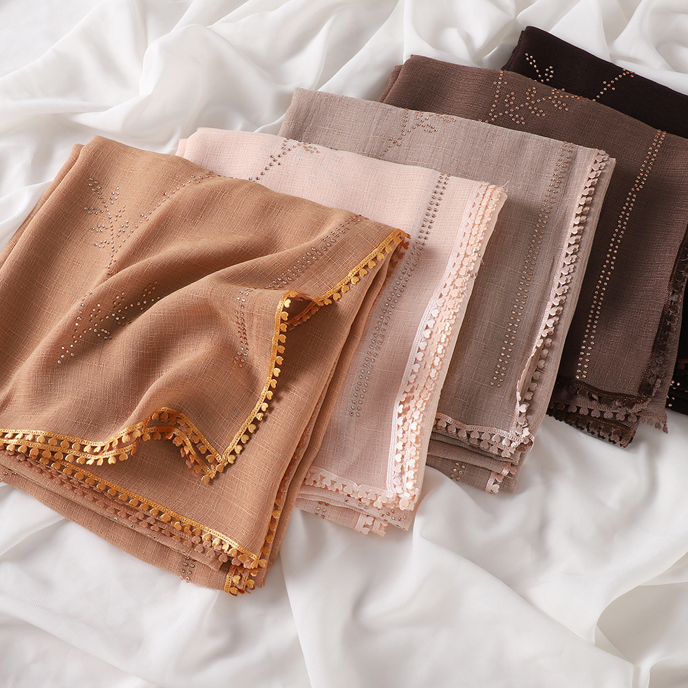 New style small eyelash lace decorated rhinestone headscarf, women's fashionable travel sunscreen cotton-linen shawl