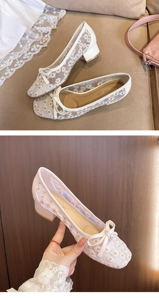 Giày búp bê nữ mũi vuông lưới thêu hoa, gót vừa 3–6 cm, thoáng khí — Màu trắng nhạt, màu hồng nhạt chi tiết 18