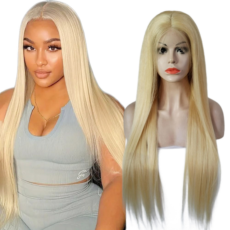 Wig 613 Light Gold Full Lace Headgear Long Straight Hair Full Headgear Can Be Ironed and Fully Hand-Woven Headgear