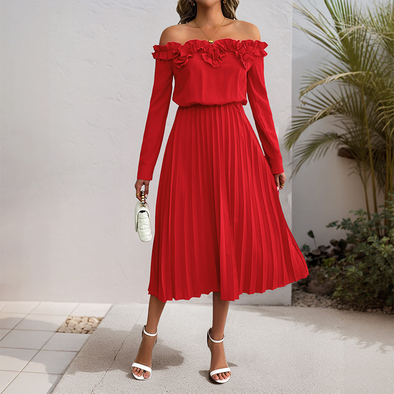 【Bai Fen Zhi Yi】2025 New Cross-Border Holiday Party Elegant Off-Shoulder Long Sleeve Solid Color Women's Dress
