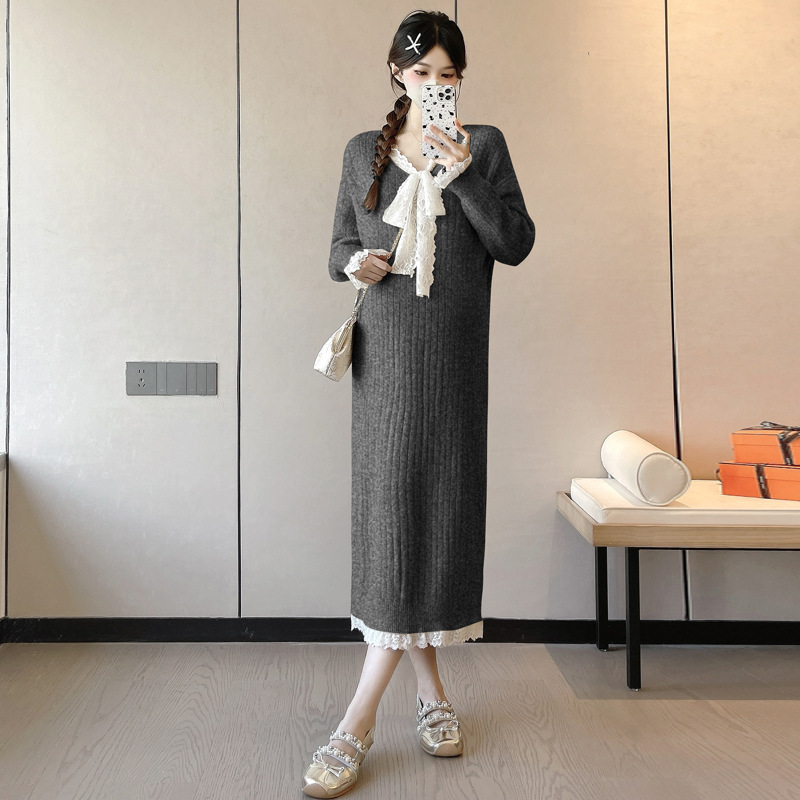 孕妇装春秋季连衣裙潮妈时髦法式宽松蕾丝拼接针织冬装打底长裙子|undefined