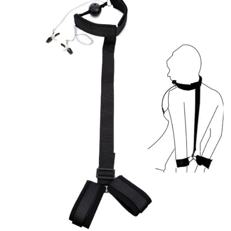 Backhand Restraint Set — Gag Ball, Handcuffs & Nipple Clips, Adjustable Straps, Soft Pad