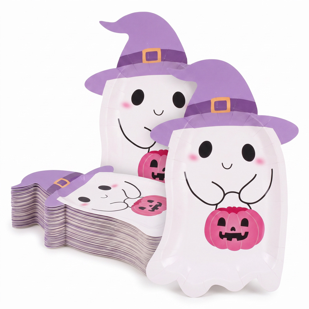 Food-grade glossy purple witch hat ghost pumpkin Halloween novelty paper plates children's party disposable dinner plates
