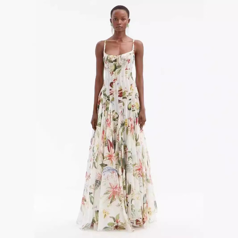 Australian Niche 2024 Summer New Sling U-Neck Sleeveless Printed Waist Hollow Long dress Women