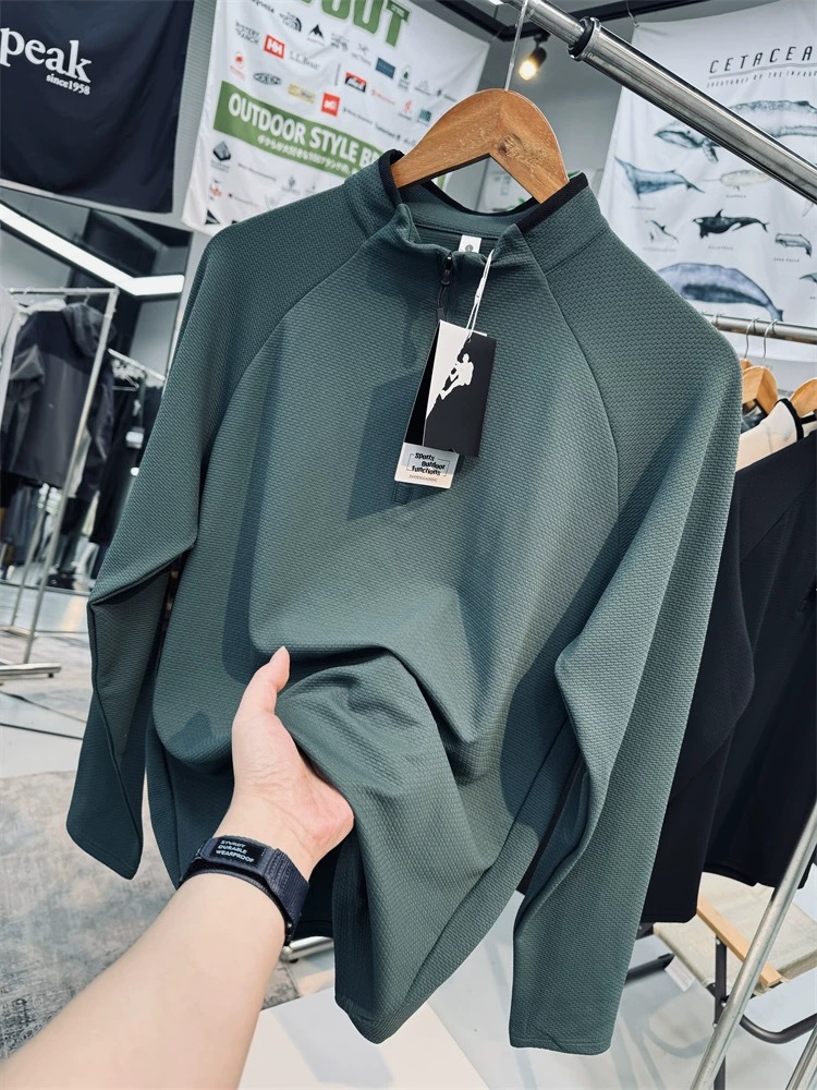 Camiseta deportiva para hombre de otoño/invierno — cuello medio con media cremallera, transpirable, manga larga, ideal para fitness y outdoor