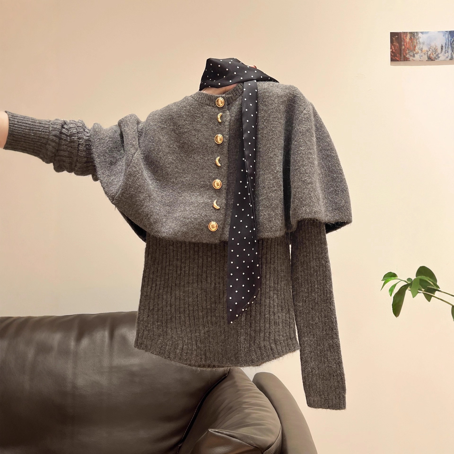 Fashionable Solid Color Cape Two-Piece Set Autumn Winter Korean Chic Design Sweater Slim Inner Top Women Trendy