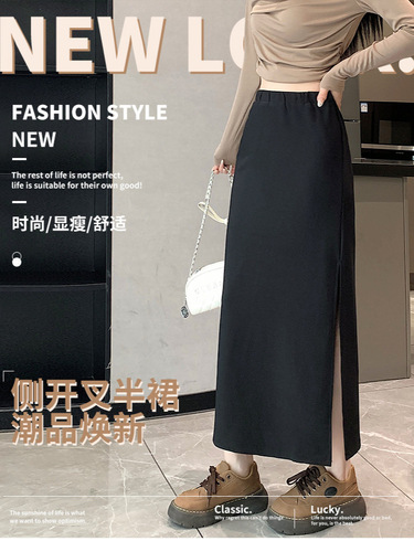 Black suit with side slit long dress, high-waisted, flattering, A-line mini dress, 2024 spring and autumn new arrival medium-length one-piece skirt