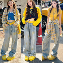 林诗琦NICKIDAILY【夏日印象！做旧扎染高腰宽松休闲阔腿牛仔裤女