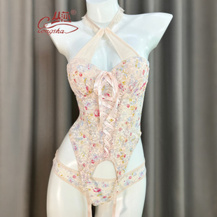 Congsha Sexy Lace Sweet Style Floral Printed Fishbone Corset Intimates Vest Breast Bra Sexy Set