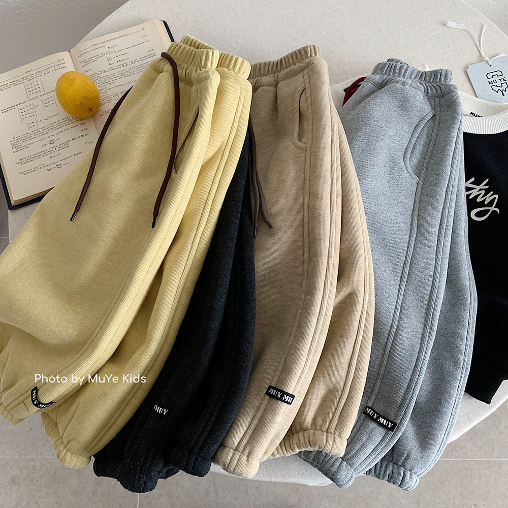 Muye Children's Fleece-Lined Thickened Sweatpants Winter Warm Long Pants Clothing for Boys and Girls Korean Style Versatile Children's Casual Pants