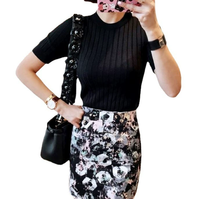 Summer knitted thin sweater, base set, high collar, slim fit, tight