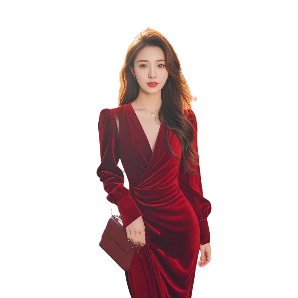 가을과 겨울 풍부한 가족 디린 프렌치 레트로 아름다운 빛 원피스 스커트를 원피스 발목 착용 버건디 벨벳