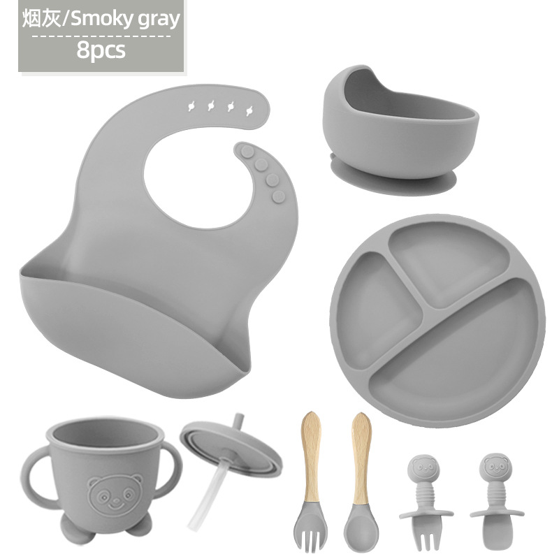 Conjunto de cubiertos de silicona para niños cubiertos de alimentación de grado alimenticio para bebés cubiertos de alimentación integral a prueba de caídas tazón taza de paja