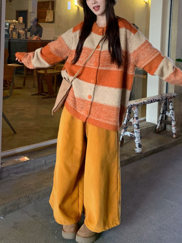日系橙色条纹长袖毛衣外套女秋冬新款宽松圆领开衫上衣小个子穿搭|undefined