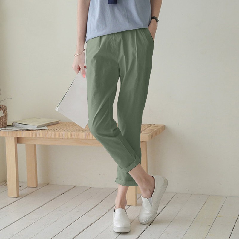 Women's High-Waisted Harem Pants 2026 Spring/Summer Casual Elastic Waist Cotton Linen Cropped Trousers Versatile Fashion_ecoleips.com