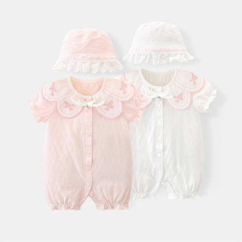 Baby thin clothing, newborn baby summer jumpsuit, girls one year old pure cotton hoodie, jumpsuit, short crawling suit 3176