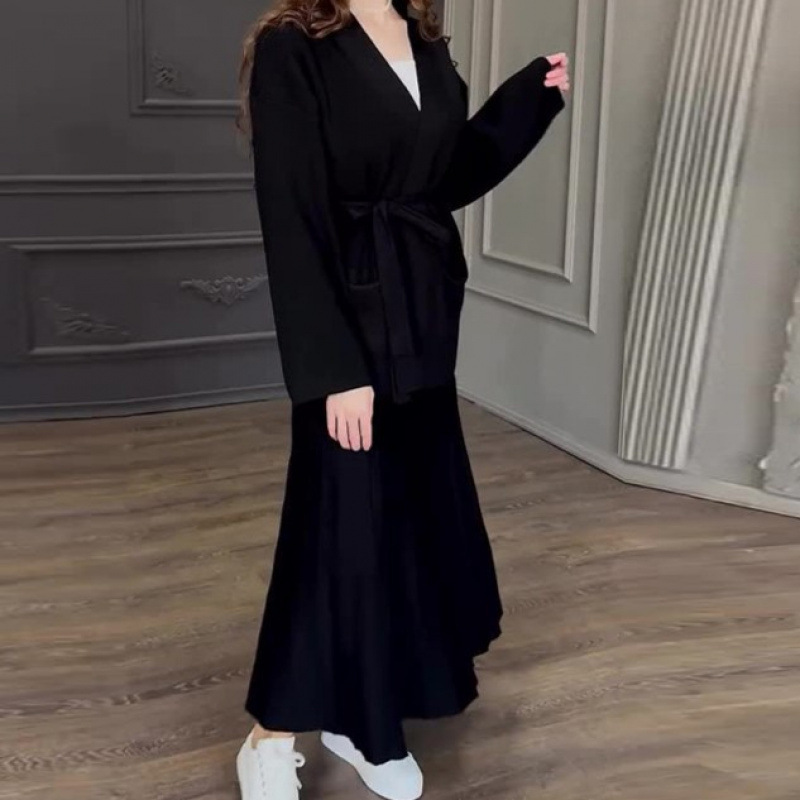 欧美跨境外贸2025春季宽松绑带口袋V领开衫外套舒适半身裙套装女|undefined