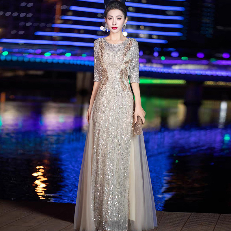 Host Evening Dress Classy Accessible Luxury Niche Champagne Color Long Dress New Style Classy Elegant Long Style for Women Host Evening Dress Classy Accessible Luxury Niche Champagne Color Long Dress New Style Classy Elegant Long Style for Women