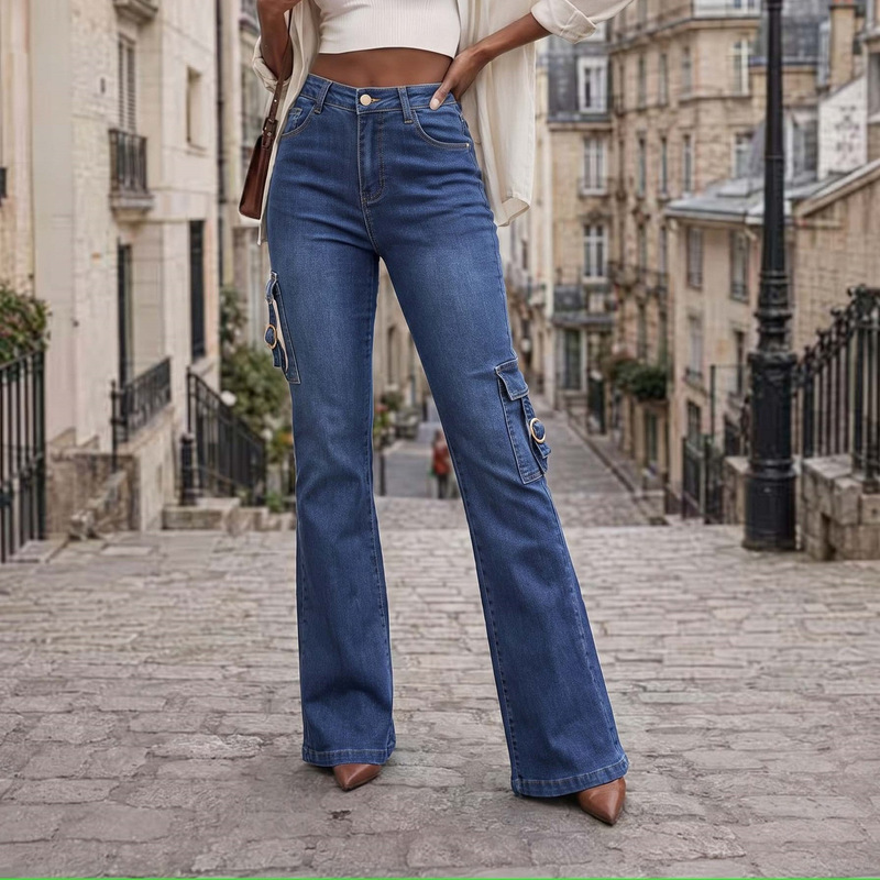 Cross-border European and American mid-waist workwear jeans with metal rings, side pockets, stretchy slim fit, flared jeans for Amazon, Shein, TK