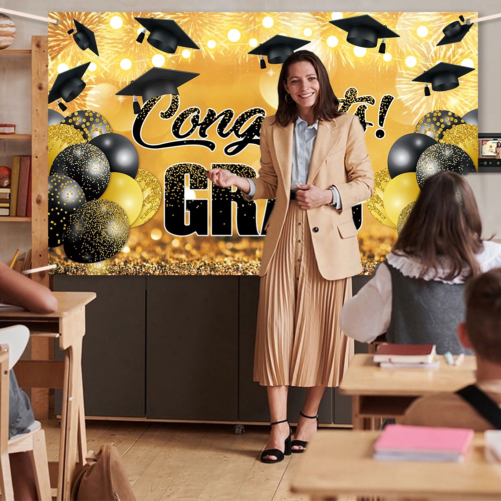 Temporada de graduación transfronteriza decoración de la fiesta oro negro Grado decoración de fondo de la fiesta de graduación tela de fondo de decoración