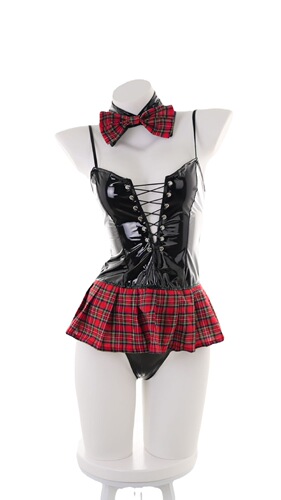 Sexy lingerie, sexy suspenders, patent leather red plaid skirt, uniform bunny girl temptation straps, student uniform leather jacket