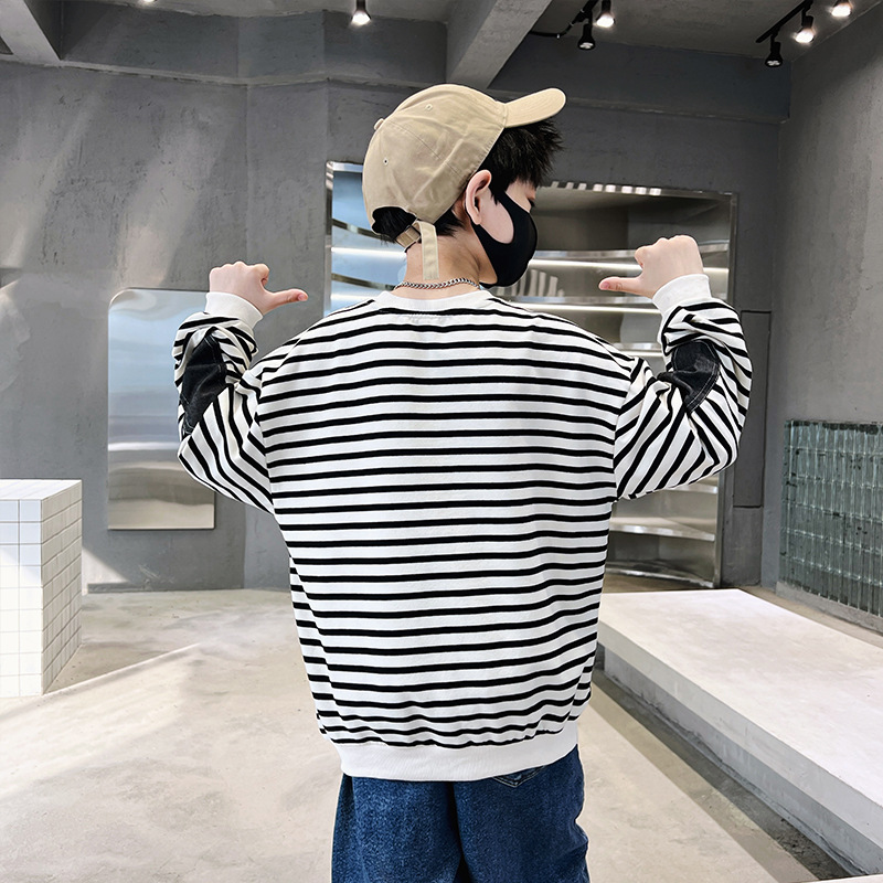 Abbigliamento per bambini, felpa con cappuccio, nuovo articolo primavera autunno 2024, versione coreana di taglia media e grande, tasca a righe, stile occidentale_voghion.com