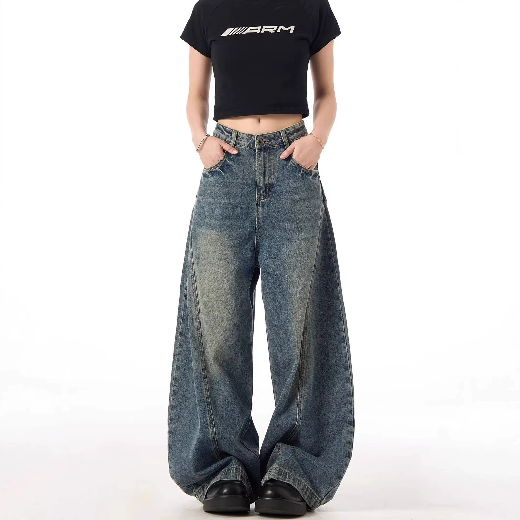 Джинсы loose straight, американский и европейский стиль, широкие осенние брюки, синий, размеры S–3XL