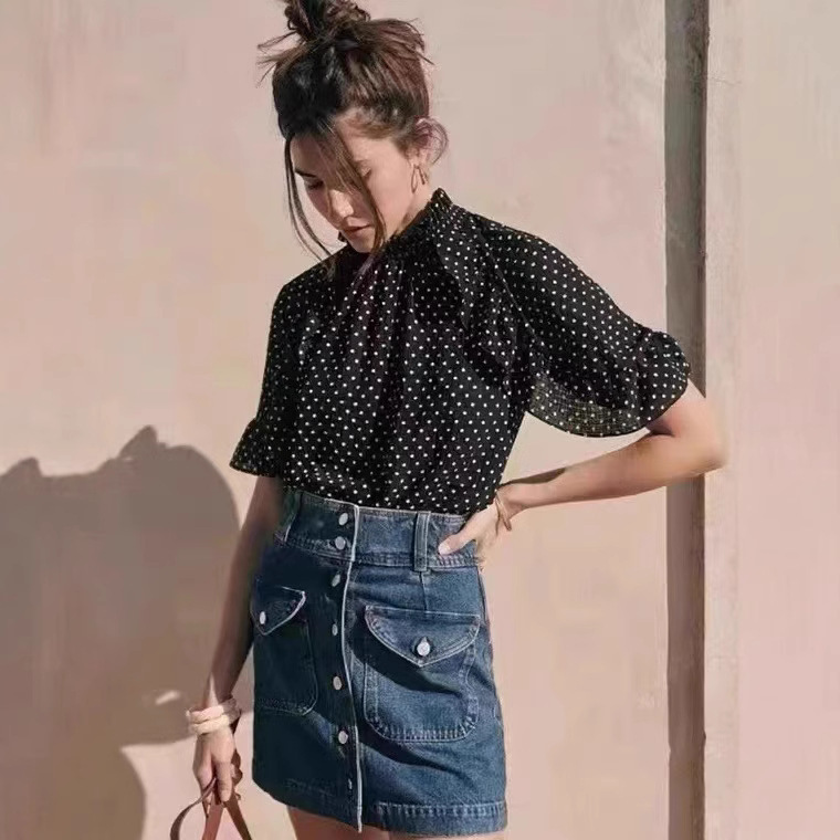 22 summer new French Hepburn style retro ruffled polka dot lace-up shirt top for women 50101 clearance