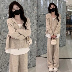 春秋季套装女2025年新款休闲时尚假两件连帽卫衣宽松阔腿裤两件套
