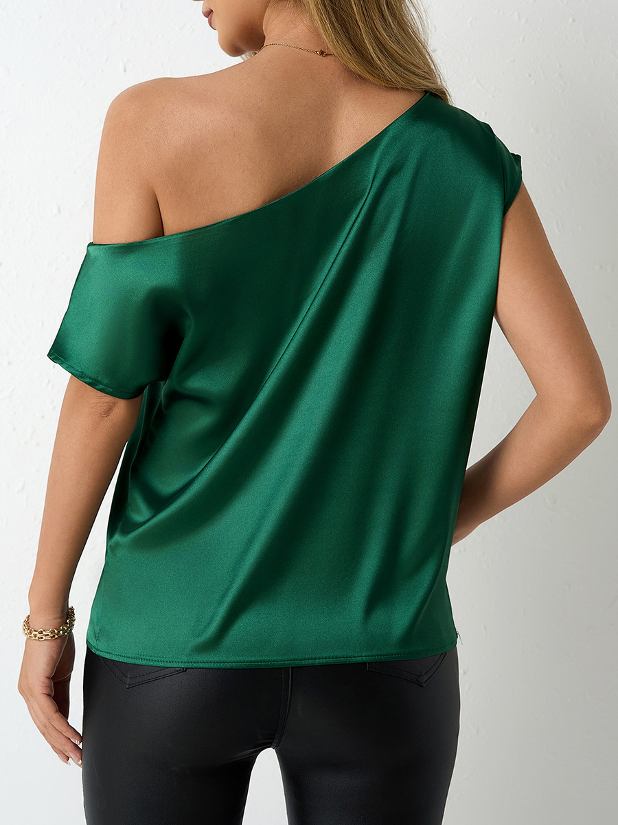Tiro real Ropa de mujer europea y americana 2025 Camisa de satén de primavera y verano Camisa de cuello inclinado irregular de seda de imitación