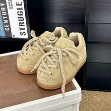 新品 王嘉尔同款胖丁真皮面包鞋女2025秋新款休闲运动厚底增高阿